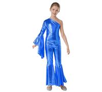Loodgao Kids Girls 70s 80s Disco Costume Halloween Carnival Party Bodysuit Hippie One Shoulder Flare Retro Catsuit Royal Blue 9-10 Years