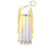 Loodgao Kids Girls Ancient Greece Mythos God Costume Halloween Greek Roman Flowy Toga with Gold Leaves Headwear Yellow 9-10 Years