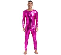 Loodgao Men's Shiny Metallic Crew Neck Long Sleeve Unitard Rave Party Outfits One Piece Leotard Hot Pink XXL