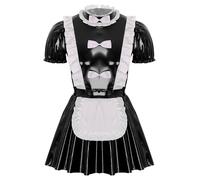 Loodgao Men's Sissy Maid Costume Patent Leather Ruffled Mini Dress Crossdresser Lingerie Nightwear Black L