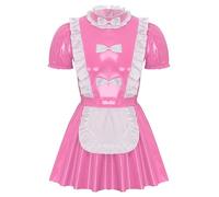 Loodgao Men's Sissy Maid Costume Patent Leather Ruffled Mini Dress Crossdresser Lingerie Nightwear Pink XXL