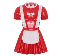 Loodgao Men's Sissy Maid Costume Patent Leather Ruffled Mini Dress Crossdresser Lingerie Nightwear Red 3XL
