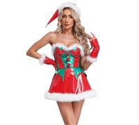 Loodgao Women Christmas Santa Elf Costume Feather Sweetheart Neck Sexy Strapless Mini Dress for Xmas Rave Party Red L