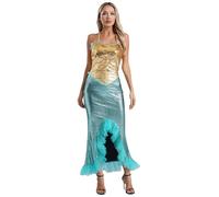 Loodgao Women Mermaid Costume Sequins Sea Princess Long Fishtail Skirt Bodycon for Halloween Cosplay Gold S