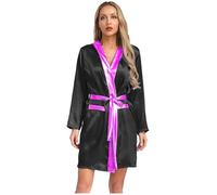 Loodgao Womens 2 Piece Boxer Costume Shiny Metallic Trim Open Front Hooded Robe with Belt Sets Black&Hot Pink 16