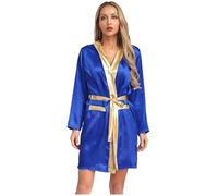 Loodgao Womens 2 Piece Boxer Costume Shiny Metallic Trim Open Front Hooded Robe with Belt Sets Royal Blue 14