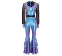Loodgao Womens 70s 80s Disco Dance Rompers Shiny Metallic Bell Bottom Jumpsuit One-piece Hip Hop Dancewear Gradient Blue L