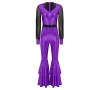 Loodgao Womens 70s 80s Disco Dance Rompers Shiny Metallic Bell Bottom Jumpsuit One-piece Hip Hop Dancewear Purple XL