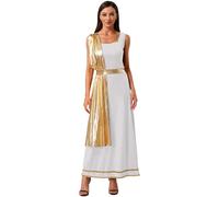 Loodgao Women's Ancient Greek Princess Dress Sleeveless Gold Trim Metallic Shiny Robe Toga Halloween Dress Up White Gold XL