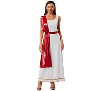 Loodgao Women's Ancient Greek Princess Dress Sleeveless Gold Trim Metallic Shiny Robe Toga Halloween Dress Up White Red M