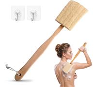 Loofah Back Scrubber, Long Wooden Handle Sponge on a Stick | Natural loofah material, exfoliating texture, hanging loop, extended wooden handle, quick softening for shower body cleansing