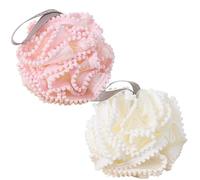 Loofah Bath Sponge Poufs, Set of 2 Exfoliating Shower Balls, Soft Mesh Body Scrubbers in Pink & White