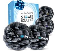 Loofah Charcoal Bath Sponge XL 75g Set by Shower Bouquet: 4 Pack, Extra Large Mesh Pouf Soft Scrubber for Men and Women - Exfoliate with Big Black & White Gentle Cleanse in Beauty Bathing Accessories