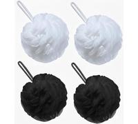 Loofah Sponge Shower Puff - 4 Pack Black & White Mesh Bath Sponges & Body Scrubbers | Exfoliating Shower Poufs for Men & Women, Durable Bath Puffs for Rich Lather & Gentle Cleaning