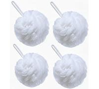Loofah Sponge Shower Puff - 4 Pack White Mesh Bath Sponges & Body Scrubbers | Exfoliating Shower Poufs for Men & Women, Durable Bath Puffs for Rich Lather & Gentle Cleaning