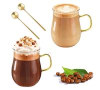 LOOFORE 2 Pack Ribbed Glass Coffee Mugs with Handle, 350 ml (12 oz) Clear Borosilicate Glass Cups with Spoon, Latte Glasses for Cappuccino, Macchiato, Tea, Milk, Juice, Cold & Hot Beverages