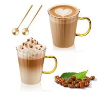 LOOFORE Glass Coffee Mugs 350ml Set of 2, Classic Stripe Latte Glasses for Hot/Cold Drinks with Handle & Spoon, Borosilicate Clear Ribbed Tea Cups for Cappuccino Macchiato Espresso Tea Milk Juice Beer