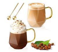LOOFORE Glass Coffee Mugs 350ml Set of 2, Glass Mugs for Hot/Cold Drinks with Handles and Spoon, Borosilicate Heat Resistant Cups for Cappuccino Latte Macchiato Espresso Tea Milk Juice Beer