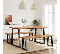 LoogCape 3-Piece Dining Set Wane Edge Solid Acacia Wood with Dining Table and Two Benches for Dining Room, Kitchen, Robust Furniture Set with Natural Edge, Industrial Design, Space-Saving, Durable and