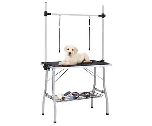 LoogCape Adjustable Dog Grooming Table with Basket and 2 Loops, Foldable Heavy Duty Steel Legs, Non-Slip Surface, Height Adjustable, Suitable for Dogs, Cats, Puppies and Kittens