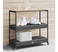LoogCape Bar Trolley with 3 Shelves Black Poly Rattan Solid Wood Acacia Lots of Storage Space Flexible for Kitchen Dining Garden and Pool