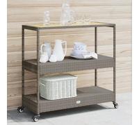LoogCape Bar Trolley with 3 Shelves, Grey Poly Rattan and Solid Acacia Wood, Versatile Serving Trolley with Wheels, 101 x 40 x 100 cm, UV-Resistant Utility Trolley for Kitchen, Garden, Patio, Storage