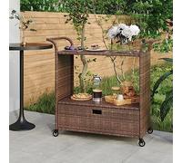 LoogCape Bar Trolley with Drawer, Brown, 100 x 45 x 97 cm, Poly Rattan Kitchen Trolley, Serving Trolley, Side Trolley, Recess Trolley for Dining Room and Garden