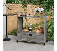 LoogCape Bar Trolley with Drawer Grey 100 x 45 x 97 cm Poly Rattan Kitchen Trolley Serving Trolley Utility Trolley with Wheels and Locking Function for Garden and Indoor Use
