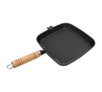 LoogCape Cast Iron Grill Pan with Wooden Handle 20 x 20 cm for Gas, Induction, Oven, BBQ, Camping, Outdoor Versatile Suitable for Meat Vegetables Fish Low Fat Crispy