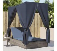 LoogCape Double Sun Lounger with Canopy and Curtains Grey Poly Rattan Weatherproof Folding Adjustable Garden Balcony Patio Pool Camping with Cushion Heavy Duty Material