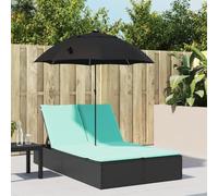 LoogCape Double Sun Lounger with Cushion and Parasol in Black Poly Rattan Weatherproof Adjustable Folding Comfortable for Garden, Balcony, Patio, Pool and Camping