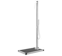 LoogCape Garden Shower with Grey Base Plate 225 cm Stainless Steel WPC Pool Shower with Waterfall Hand Shower for Outdoor Pool Care and Water Accessories