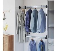 LoogCape Height Adjustable Telescopic Clothes Rail Silver Aluminium for Wardrobe, Wardrobe, Bedroom, Hallway, Space-Saving Rolling Coat Rack, Robust Organiser System