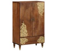 LoogCape High Quality Brown Highboard 60 x 33 x 100 cm Made of Solid Mango Wood with Brass Handles and Golden Screen Print Design for Stylish Storage Space in the Living Room, Home Cinema or Office
