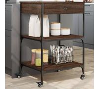 LoogCape Kitchen Trolley Brown Oak Look 60 x 48 x 89.5 cm Wood Material with Steel Frame Versatile for Kitchen, Living Room, Bathroom and Study, with 4 Wheels, 2 with Brakes