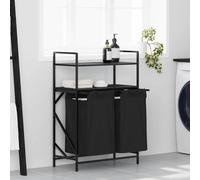 LoogCape Laundry Basket 2 Compartments with Shelves in Black Oak Made of Wood Material and Steel, Space Saving Laundry Chest with Pull-Out Laundry Bags, Laundry Box for Bathroom, Bedroom, Laundry Room
