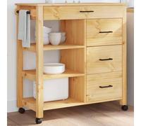 LoogCape Monza Kitchen Trolley 84 x 40 x 88.5 cm Solid Pine Wood with 4 Drawers, 3 Open Shelves, Wheels and Storage Space for Kitchen, Living Room, Bathroom, Versatile Utility Trolley
