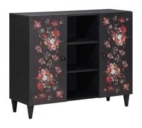 LoogCape Multicolour Storage Cabinet 90 x 33.5 x 75 cm Solid Wood Mango with Floral Pattern and Brass Knobs for Living Room, Home Cinema, Office and Gaming with Door and Cable Management