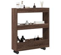 LoogCape Narrow Storage Trolley 3 Tier Oak Effect Wood Material with Wheels Space-Saving Serving Trolley for Kitchen, Bathroom and Living Room, Sturdy Organiser with Drawers and Shelf
