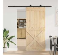 LoogCape Narvik Sliding Door Made of Solid Pine Wood, Natural and Black, 100 x 210 cm, Sliding Mechanism at the Top with Powder-Coated Steel Rail, Space-Saving Room Divider for Indoor Use