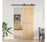 LoogCape Narvik Sliding Door Made of Solid Pine Wood Natural and Black, 70 x 210 cm, Includes Rail 152.5 cm, for Living Room, Bedroom and Hallway, Room Divider