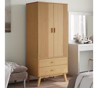 LoogCape Olden Wardrobe Brown 76.5 x 53 x 172 cm Solid Pine with Storage Space, 2 Drawers, Large Compartment, Wooden Handles, Wooden Legs, Scandinavian Design, Durable, Ideal for Bedroom, Hallway