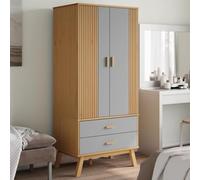 LoogCape Olden Wardrobe Grey Brown 76.5 x 53 x 172 cm Solid Pine Wood with Sliding Doors, 2 Drawers, Multi-Purpose Coat Rack for Bedroom, Hallway, Children's Room and Cellar