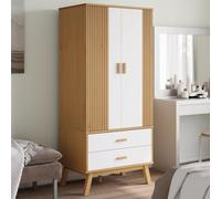 LoogCape Olden Wardrobe White Brown 76.5 x 53 x 172 cm Solid Pine Wood with Storage Space, Drawers, Compartment, Wooden Handles for Bedroom, Children's Room, Hallway, Durable Scandinavian Design