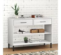 LoogCape OSLO Console Cabinet with Metal Legs, White Solid Pine Wood, 98 cm Wide, with 2 Drawers and Open Shelf, Ideal for Hallway, Living Room or Bedroom, Robust Design