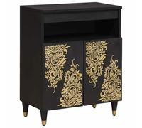 LoogCape Sideboard with Shelf, Black, 60 x 33 x 75 cm, Solid Wood Mango for Living Room, Home Cinema and Office with Storage Space, Doors, Cable Management, Gold Screen Print