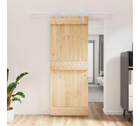 LoogCape Sliding Door Made of Solid Pine Natural and White, 80 x 210 cm, Space Saving Room Divider with Powder-Coated Rail for Living Room, Bedroom, Hallway
