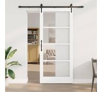 LoogCape Sliding Door White 93 x 211 cm Solid Pine and Glass Interior Quiet Gliding Space Saving with Rail and Wheels for Living Room Bedroom Kitchen