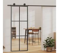 LoogCape Sliding Door with Fitting, ESG Glass, Aluminium, 76 x 205 cm, Transparent Black, with Soft Stop, Rail and Wheels for Room Dividers in the Living Area
