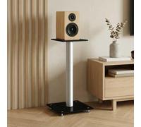 LoogCape Speaker Stand, Pack of 2, Black, Silver, Tempered Glass, 8 mm Columns, 25 x 25 cm, Height Adjustable, Tilt, Rotate, Stable Cable Management for Home Cinema, Studio, Living Room